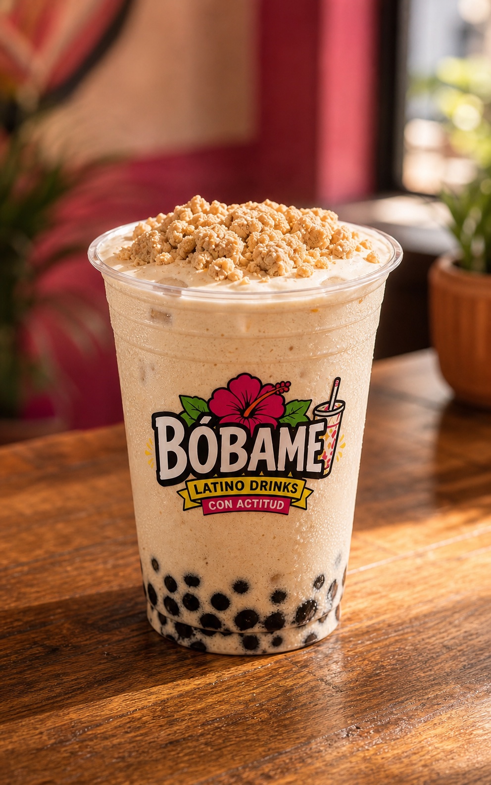 Photorealistic Bóbame mazapán milk boba with cream and pearls